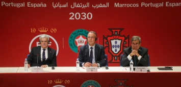 فوزي لقجع رئيس الاتحاد المغربي لكرة القدم، وبيدرو روشا رئيس الاتحاد الإسباني وفرناندو غوميز رئيس الاتحاد البرتغالي