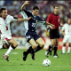 Graeme Le Saux of England challenges Javier Zanetti of Argentina